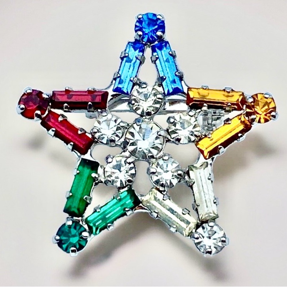 Vintage OES Order Eastern Star Rhinestone Brooch Multicolor Baguette Masonic Pin